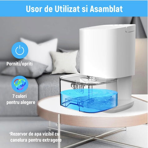 Dezumidificator pentru casa, Portabil si silentios, Rezervor 1000ml, Doua moduri de lucru si 7 lumini LED colorate, cu Functie de Uscare si Purificare a Aerului, pentru dormitor, subsol, baie, OUYLAF, Alb